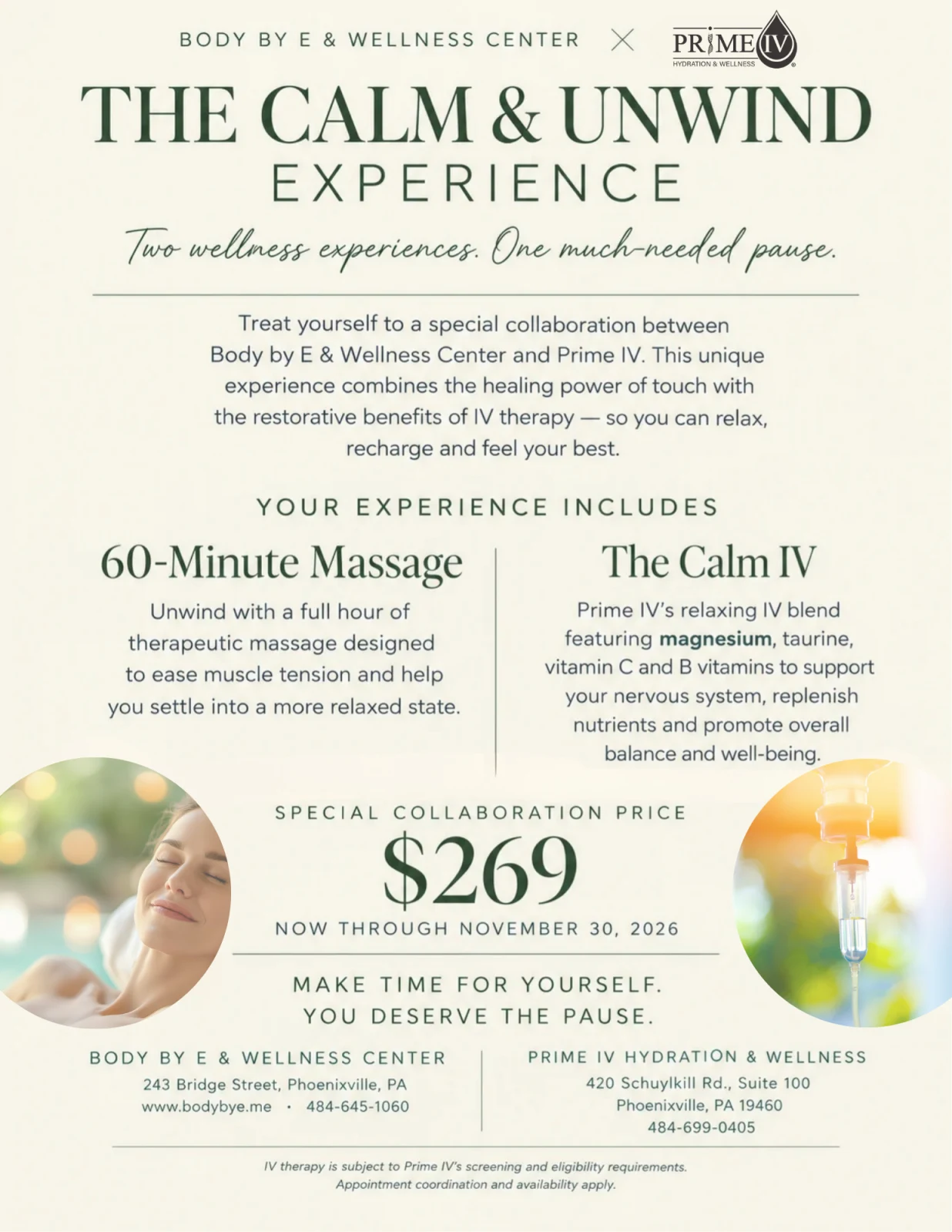 The Calm & Unwind Experience flyer from Body By E and Prime IV